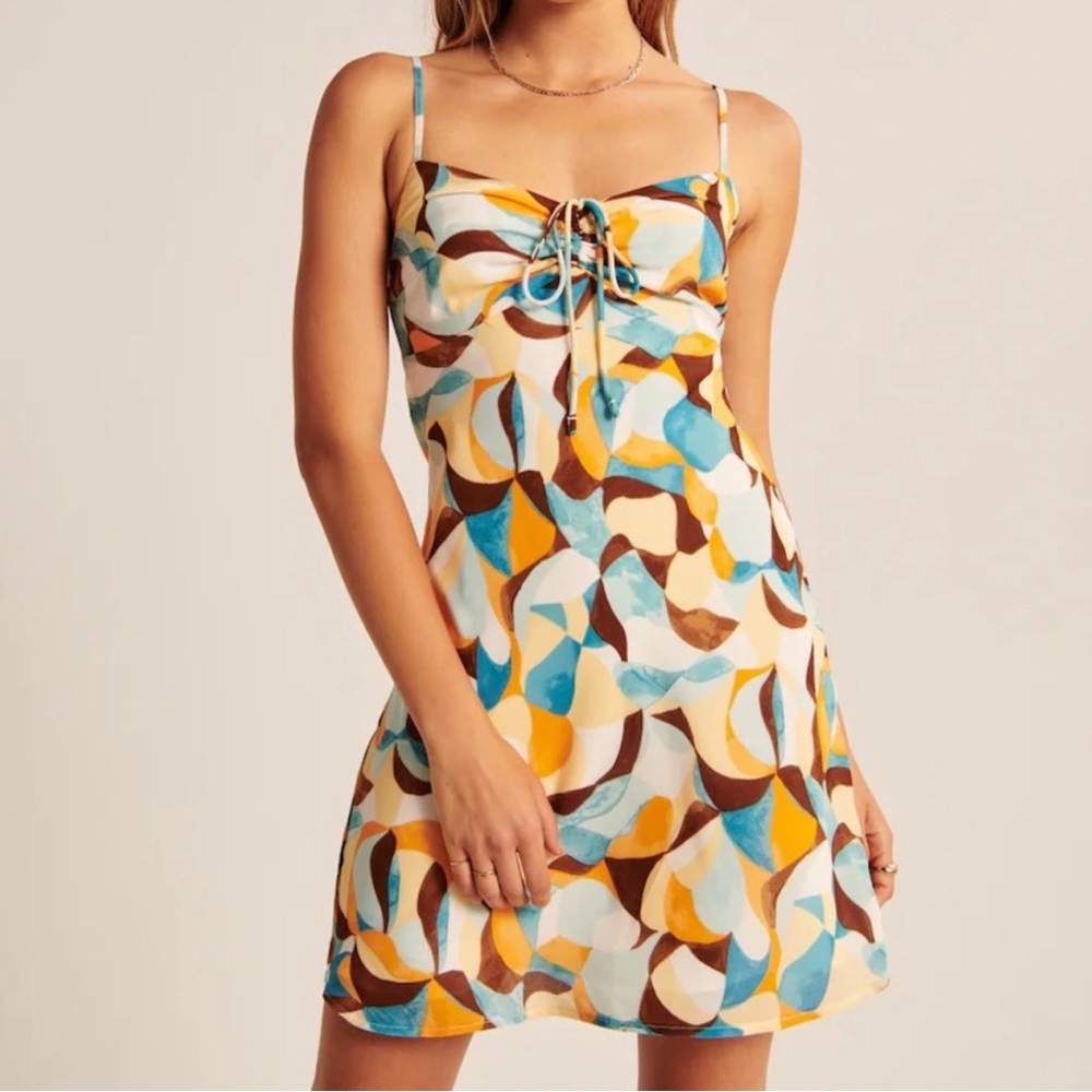 NWT Abercrombie and Fitch Cinch Front Slip Mini Dress Orange Blue Size S